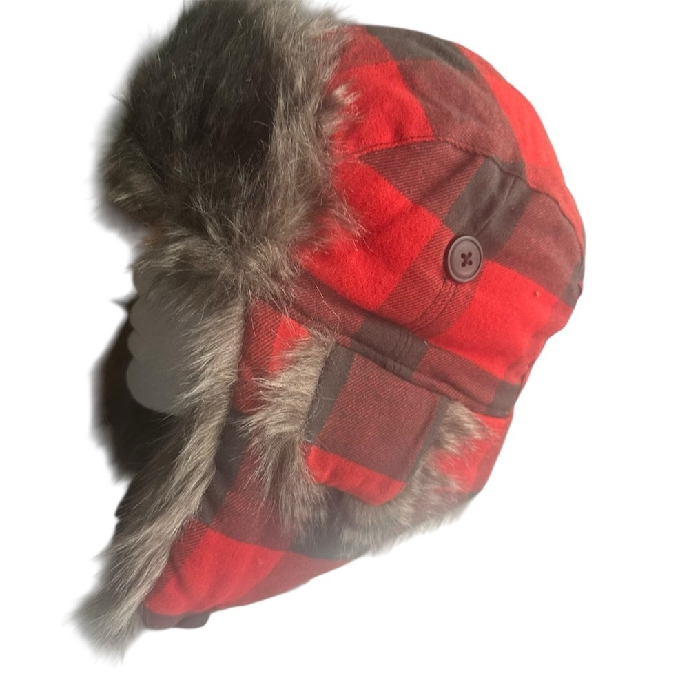 American Eagle Unisex Red Checkered Hat with Faux Fur NWT